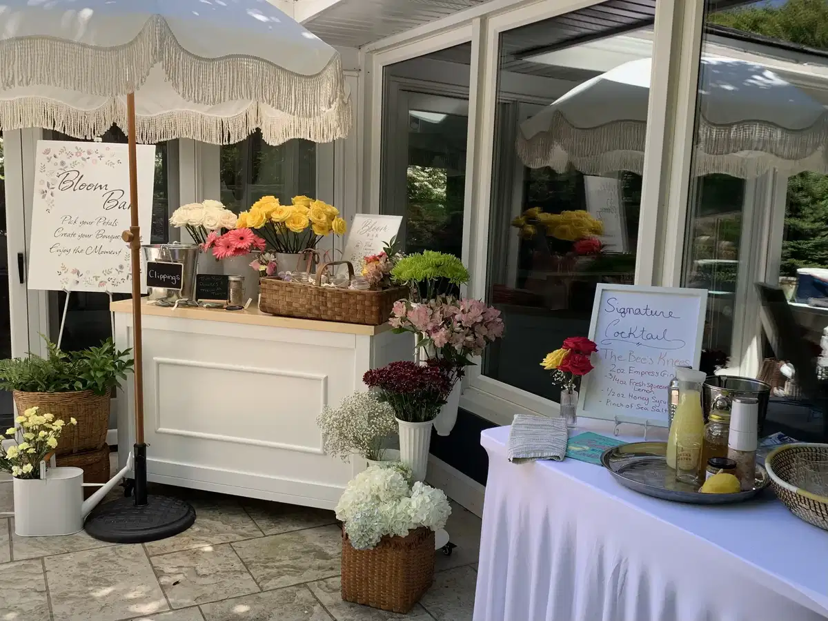An intimate Garden Party with a Petite Bloom Bar with Cart.